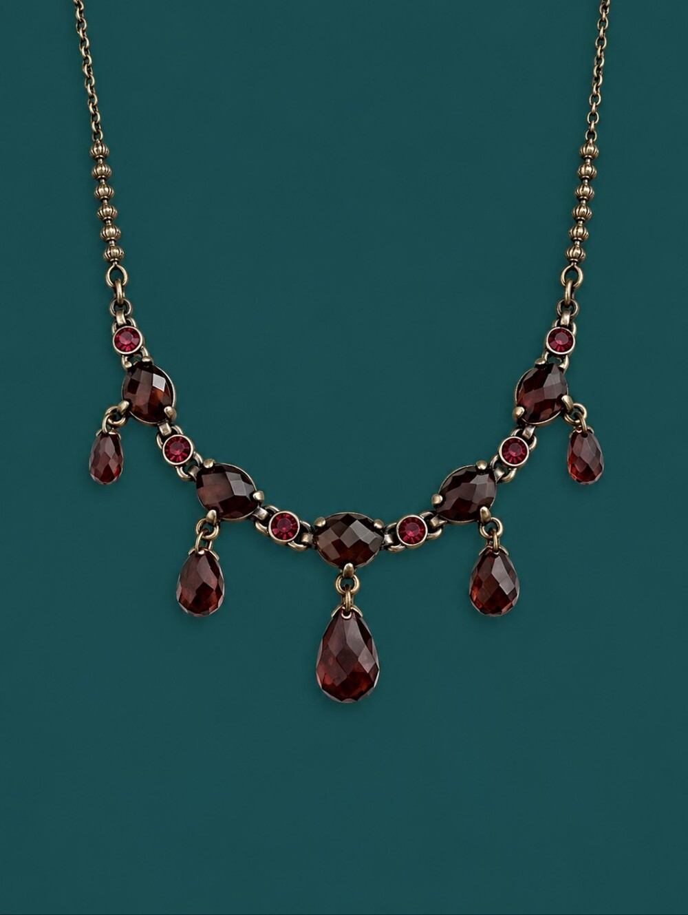 VTG MONET Garnet Crystal Bronze Chain Goth Colonial Castlecore Necklace
